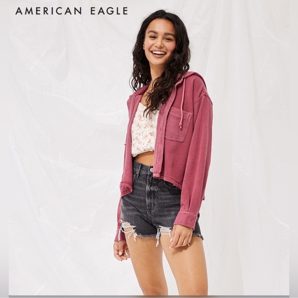 American Eagle Womens button up crop hoodie sweatshirt size medium cotton blend